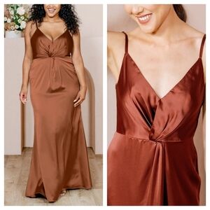 Revelry "Giada" Rust Satin Knot Maxi Dress